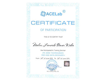 Certificación por ACELab participación en PC - 3000 Technologies for HDD Data Recovery